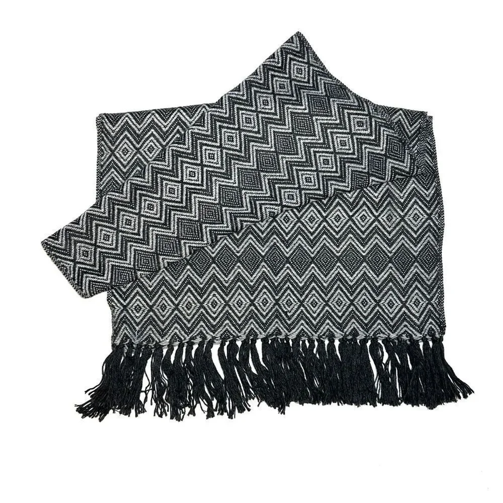 MyE Baby Alpaca Large Scarf Wrap Gray Charcoal Zigzags Fringes Men's Women's